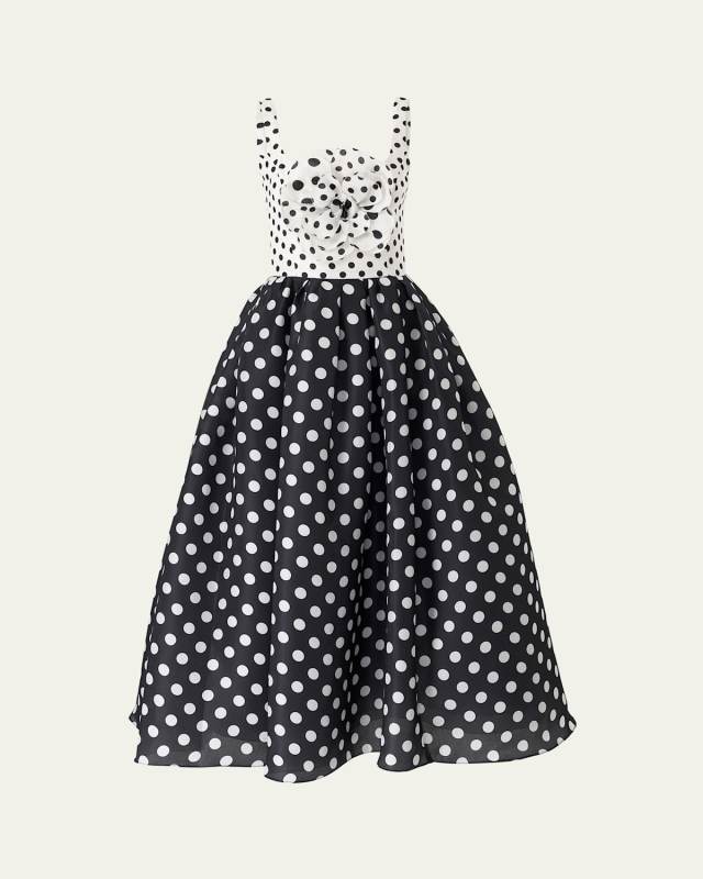 Polka-Dot Flower Sleeveless Tea-Length Dress